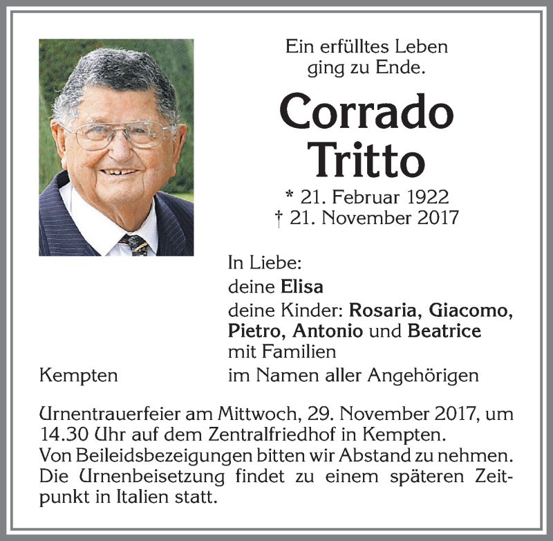 Traueranzeige von Corrado Tritto von Allgäuer Zeitung,Kempten