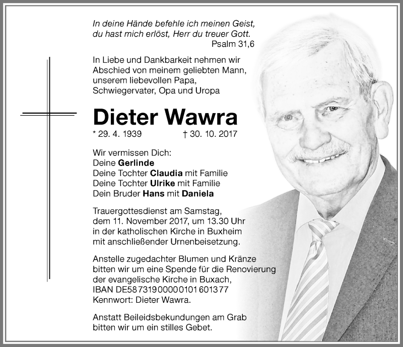 Traueranzeige von Dieter Wawra von Memminger Zeitung