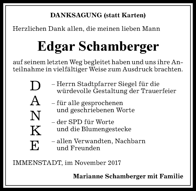 Traueranzeige von Edgar Schamberger von Allgäuer Anzeigeblatt