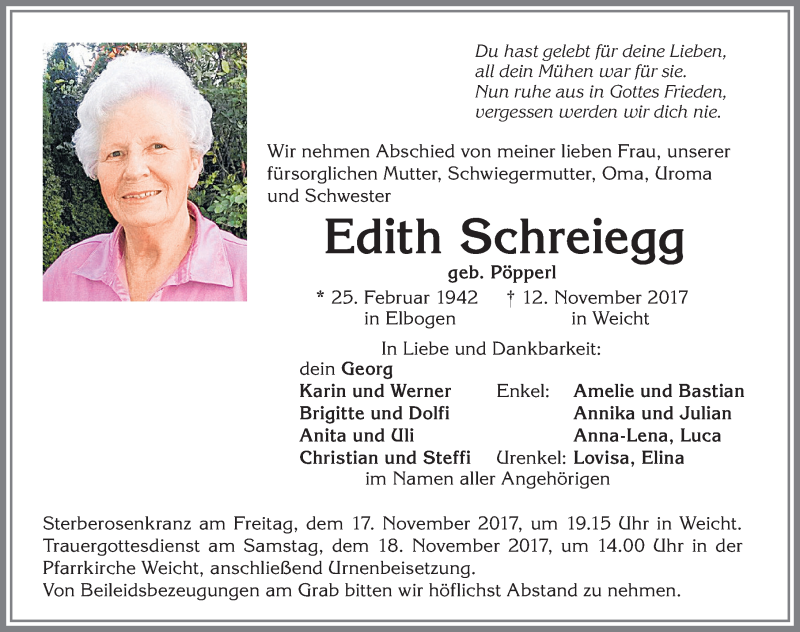 Traueranzeige von Edith Schreiegg von Allgäuer Zeitung