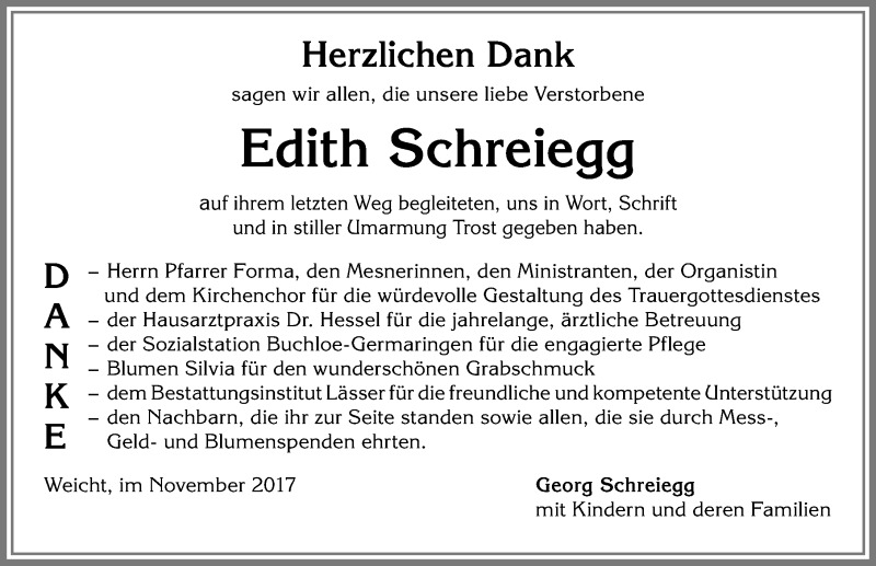 Traueranzeige von Edith Schreiegg von Allgäuer Zeitung, Kaufbeuren/Buchloe