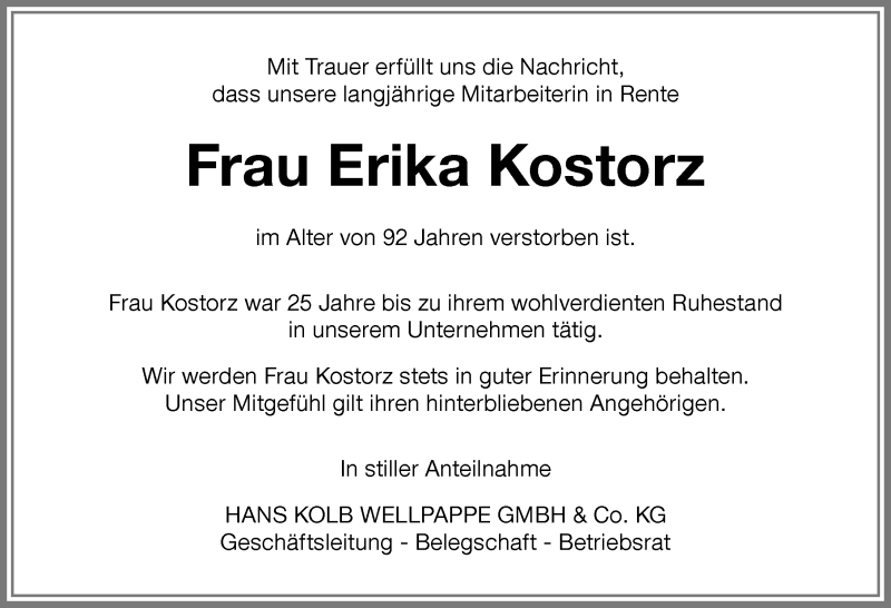 Traueranzeige von Erika Kostorz von Memminger Zeitung