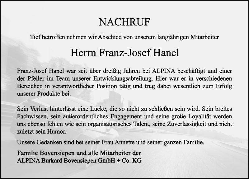 Traueranzeige von Franz-Josef Hanel von Allgäuer Zeitung