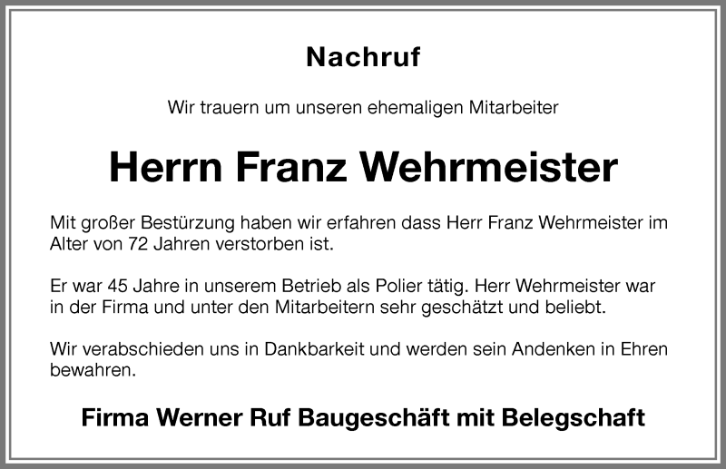 Traueranzeige von Franz Wehrmeister von Allgäuer Zeitung,Kempten