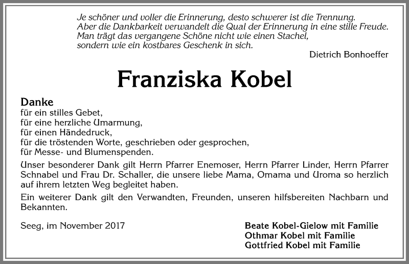 Traueranzeige von Franziska Kobel von Allgäuer Zeitung, Füssen