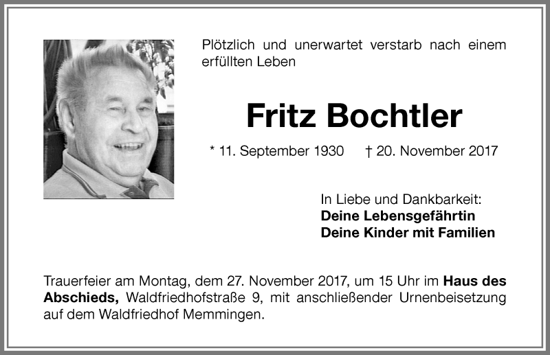 Traueranzeige von Fritz Bochtler von Memminger Zeitung