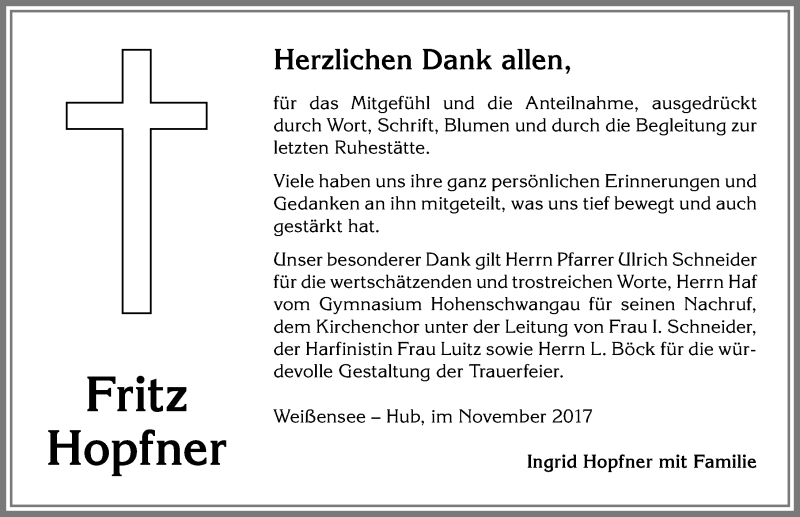 Traueranzeige von Fritz Hopfner von Allgäuer Zeitung, Füssen