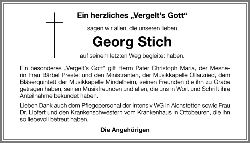 Traueranzeige von Georg Stich von Memminger Zeitung