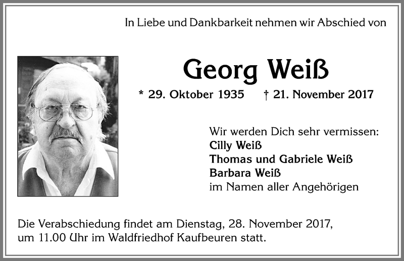 Traueranzeige von Georg Weiß von Allgäuer Zeitung, Kaufbeuren/Buchloe