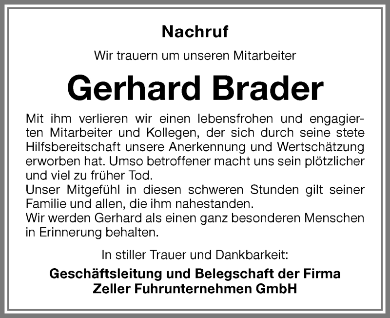 Traueranzeige von Gerhard Brader von Memminger Zeitung
