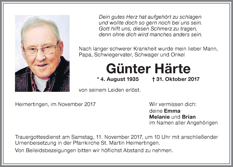 Traueranzeige von Günter Härte von Memminger Zeitung