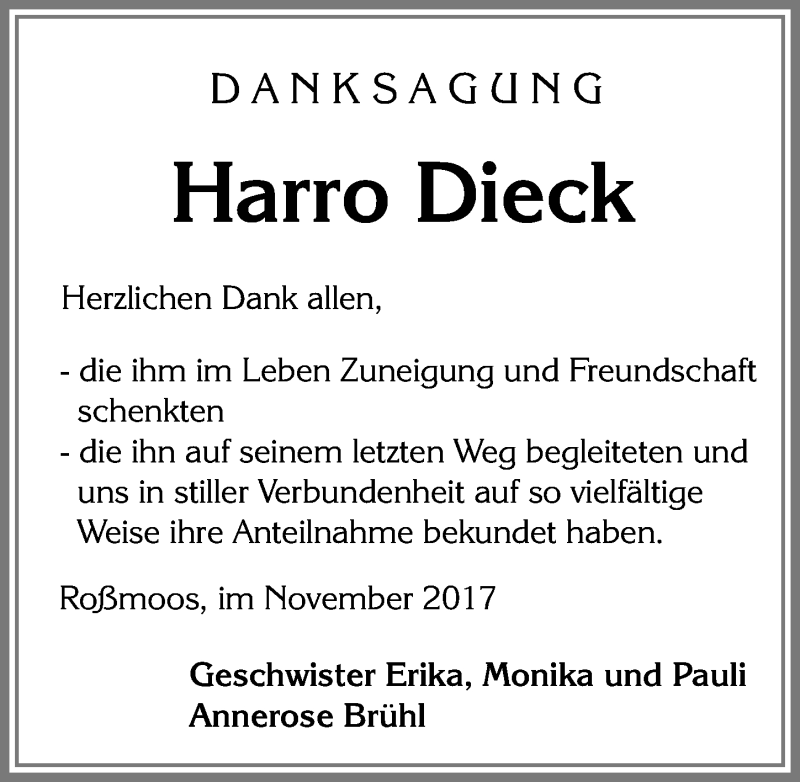 Traueranzeige von Harro Dieck von Allgäuer Zeitung, Füssen