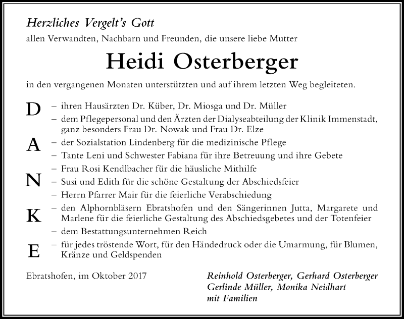 Traueranzeige von Heidi Osterberger von Der Westallgäuer