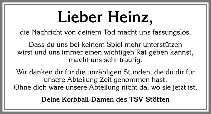 Traueranzeige von Heinz  von Allgäuer Zeitung, Marktoberdorf