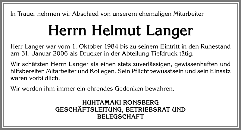 Traueranzeige von Helmut Langer von Allgäuer Zeitung