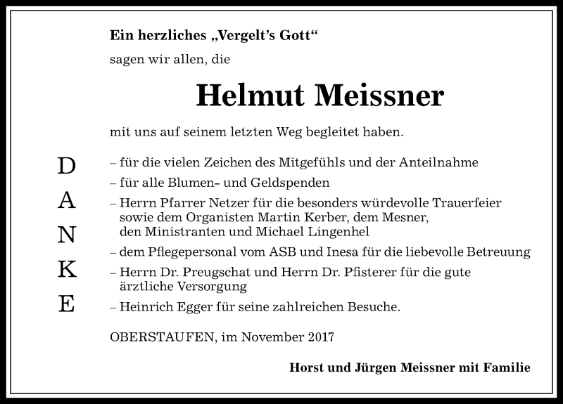 Traueranzeige von Helmut Meissner von Allgäuer Anzeigeblatt