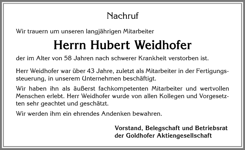 Traueranzeige von Hubert Weidhofer von Allgäuer Zeitung