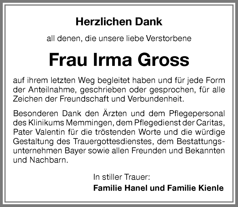 Traueranzeige von Irma Gross von Memminger Zeitung