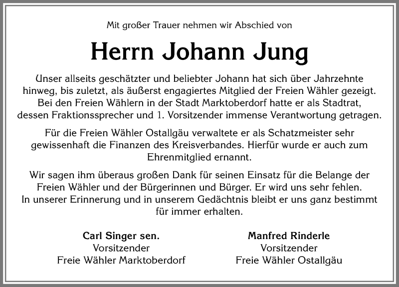 Traueranzeige von Johann Jung von Allgäuer Zeitung, Marktoberdorf