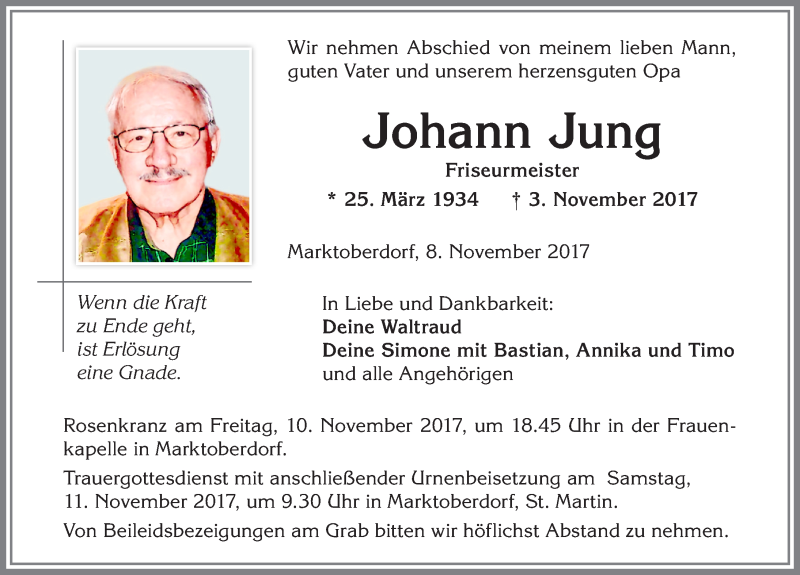 Traueranzeige von Johann Jung von Allgäuer Zeitung, Marktoberdorf