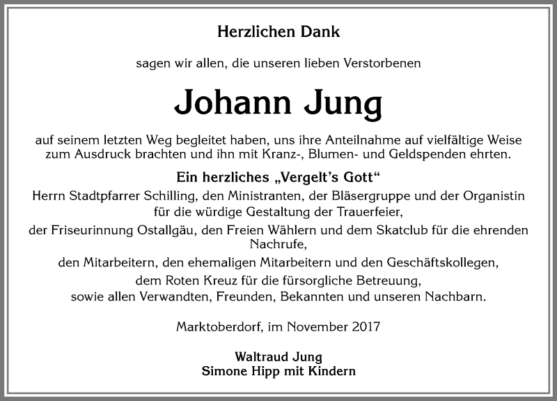 Traueranzeige von Johann Jung von Allgäuer Zeitung, Marktoberdorf