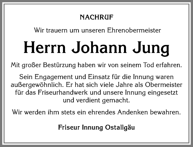 Traueranzeige von Johann Jung von Allgäuer Zeitung, Marktoberdorf