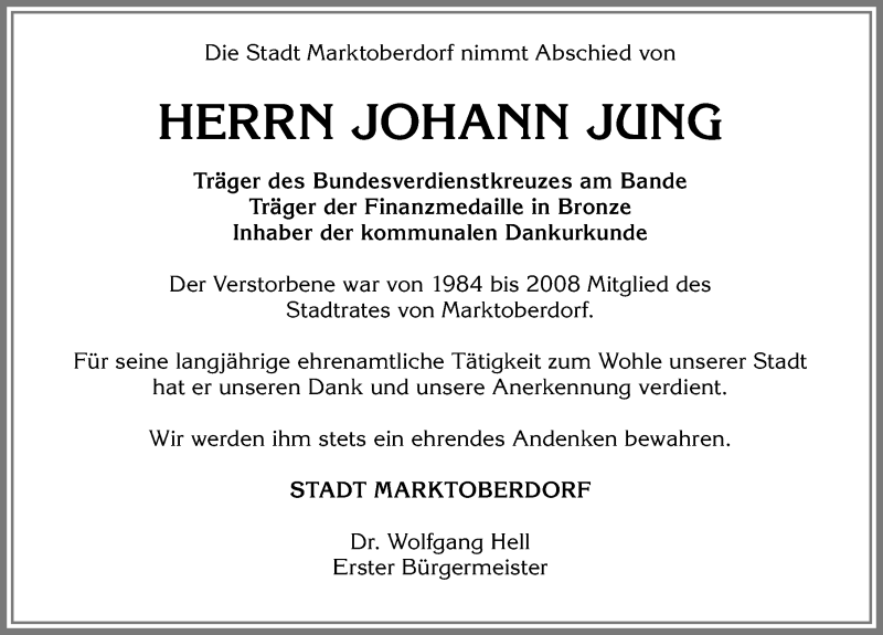 Traueranzeige von Johann Jung von Allgäuer Zeitung, Marktoberdorf