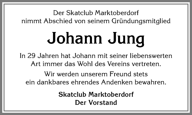 Traueranzeige von Johann Jung von Allgäuer Zeitung, Marktoberdorf