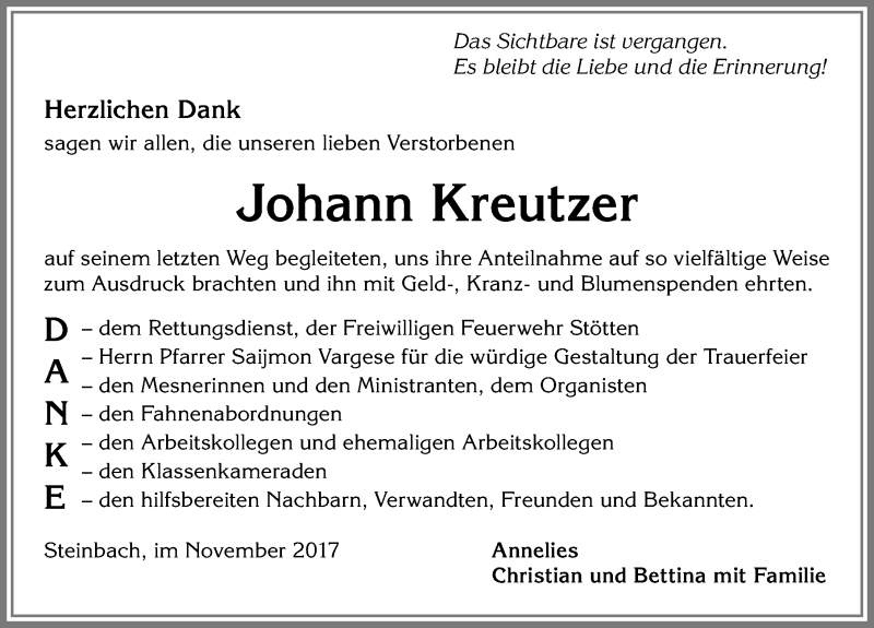 Traueranzeige von Johann Kreutzer von Allgäuer Zeitung