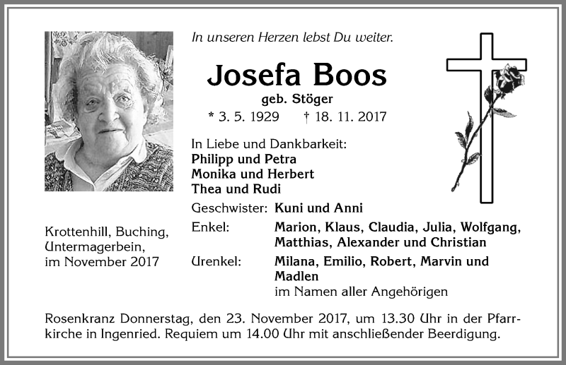 Traueranzeige von Josefa Boos von Allgäuer Zeitung, Marktoberdorf