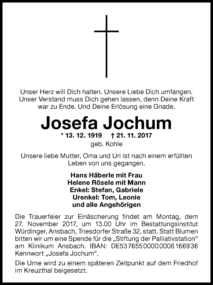 Traueranzeige von Josefa Jochum von Allgäuer Zeitung,Kempten