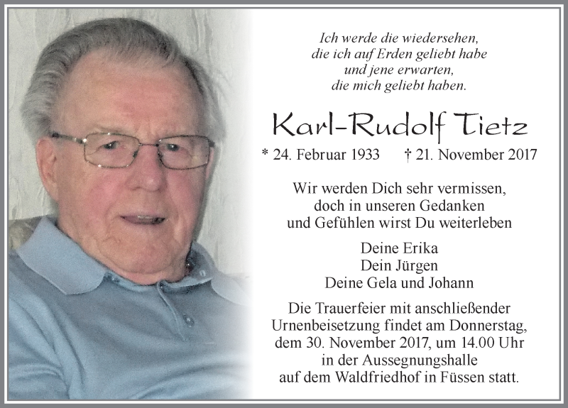 Traueranzeige von Karl-Rudolf Tietz von Allgäuer Zeitung, Füssen