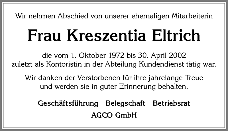 Traueranzeige von Kreszentia Eltrich von Allgäuer Zeitung, Marktoberdorf