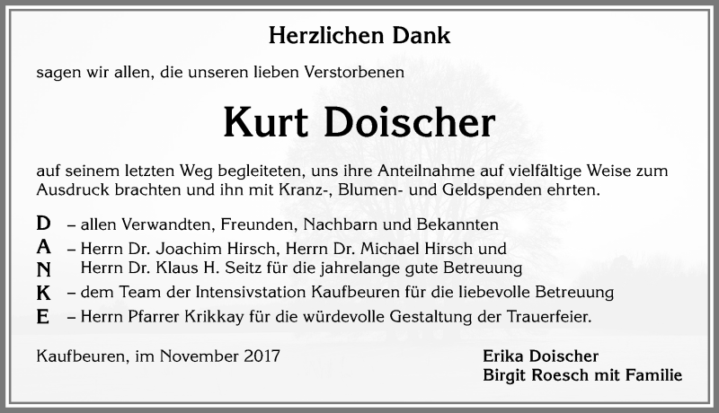 Traueranzeige von Kurt Doischer von Allgäuer Zeitung, Kaufbeuren/Buchloe