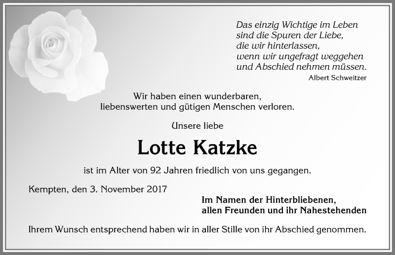 Traueranzeige von Lotte Katzke von Allgäuer Zeitung,Kempten