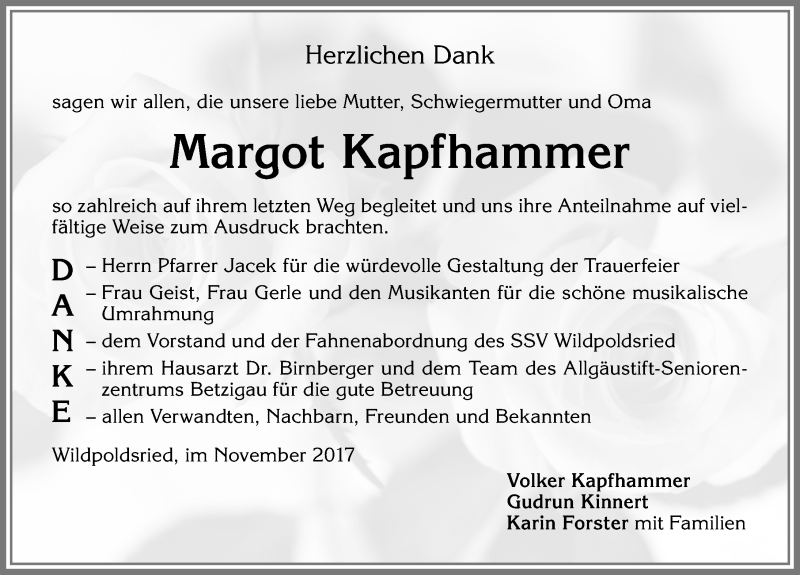 Traueranzeige von Margot Kapfhammer von Allgäuer Zeitung,Kempten