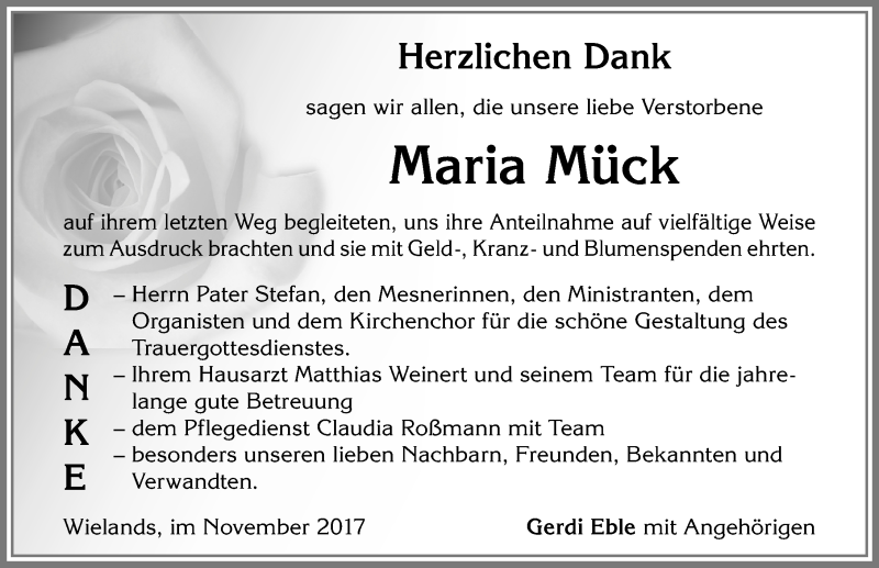 Traueranzeige von Maria Mück von Allgäuer Zeitung, Marktoberdorf