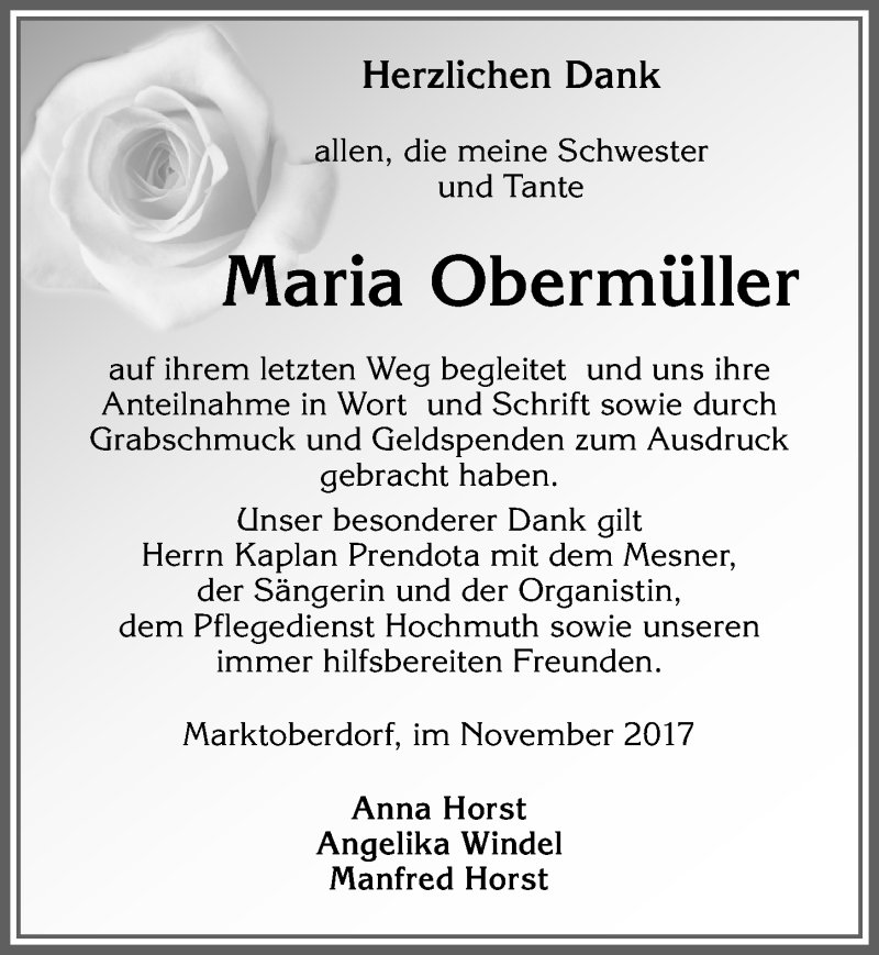 Traueranzeige von Maria Obermüller von Allgäuer Zeitung, Marktoberdorf