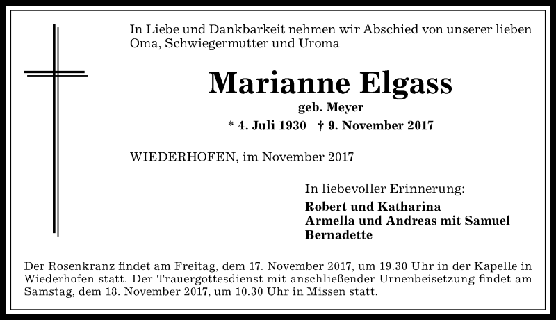 Traueranzeige von Marianne Elgass von Allgäuer Anzeigeblatt