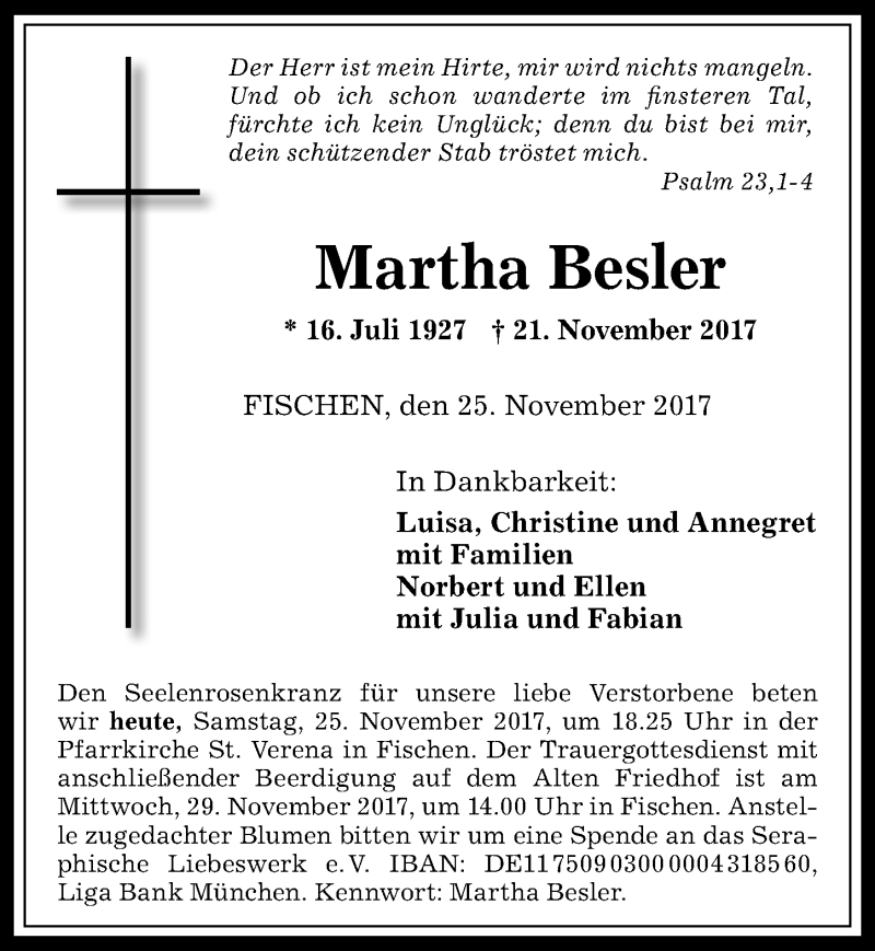 Traueranzeige von Martha Besler von Allgäuer Anzeigeblatt