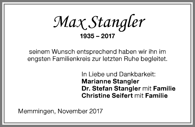 Traueranzeige von Max Stangler von Memminger Zeitung