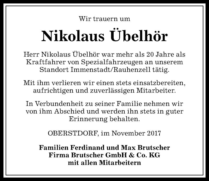 Traueranzeige von Nikolaus Übelhör von Allgäuer Anzeigeblatt