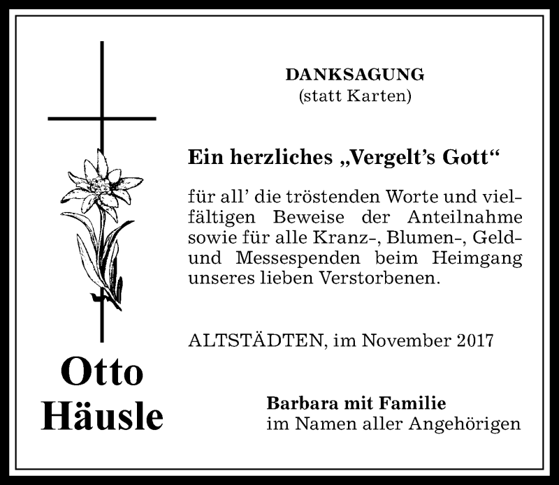 Traueranzeige von Otto Häusle von Allgäuer Anzeigeblatt