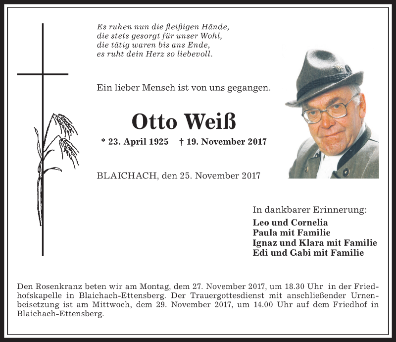 Traueranzeige von Otto Weiß von Allgäuer Anzeigeblatt