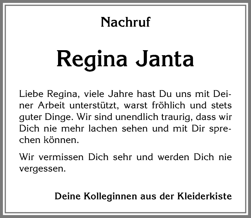 Traueranzeige von Regina Janta von Allgäuer Zeitung, Füssen