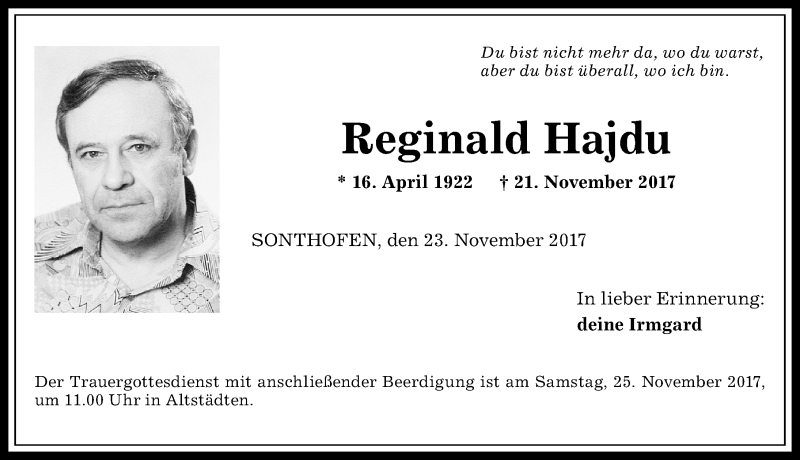 Traueranzeige von Reginald Hajdu von Allgäuer Anzeigeblatt