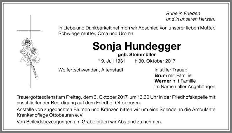 Traueranzeige von Sonja Hundegger von Memminger Zeitung