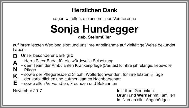 Traueranzeige von Sonja Hundegger von Memminger Zeitung