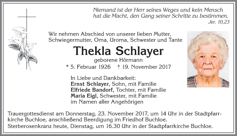 Traueranzeige von Thekla Schlayer von Allgäuer Zeitung, Kaufbeuren/Buchloe