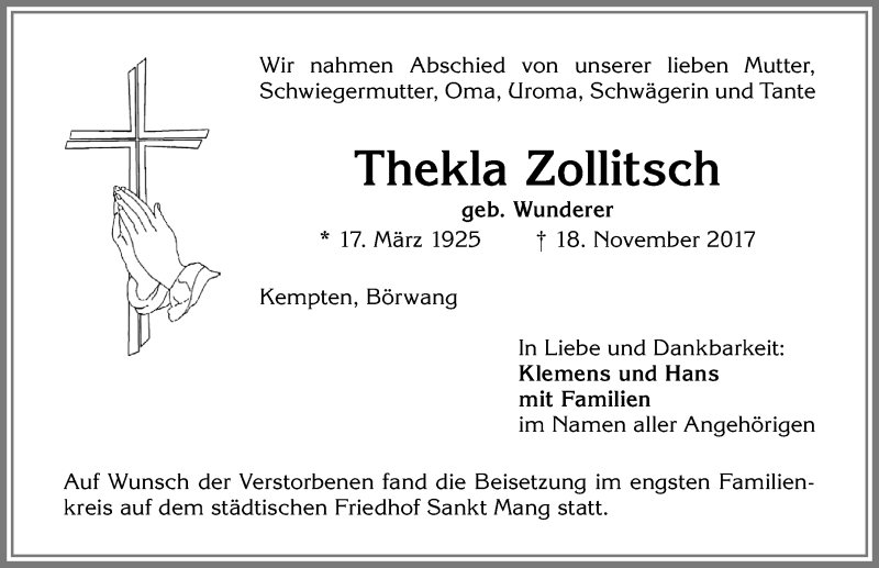 Traueranzeige von Thekla Zollitsch von Allgäuer Zeitung,Kempten